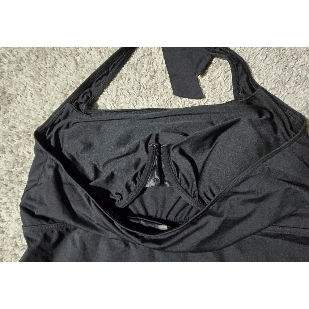 Lands' End 16 DD Halter Tankini Swim Top Underwire Built in Bra Black Flowy Fit